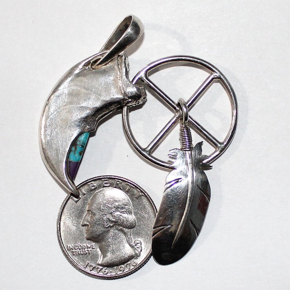 Vintage Sterling Silver Eagle Claw Feather Medicine Wheel Pendant 18 Grams - Picture 3 of 4